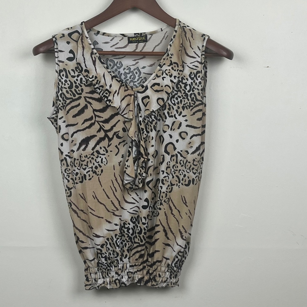 Paris Pink Womens Animal Print Ruffle V-Neck Blouse Tan Black Smocked Hem Large